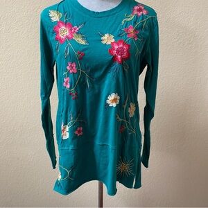 Johnny Was Teal and Pink Floral Blouse